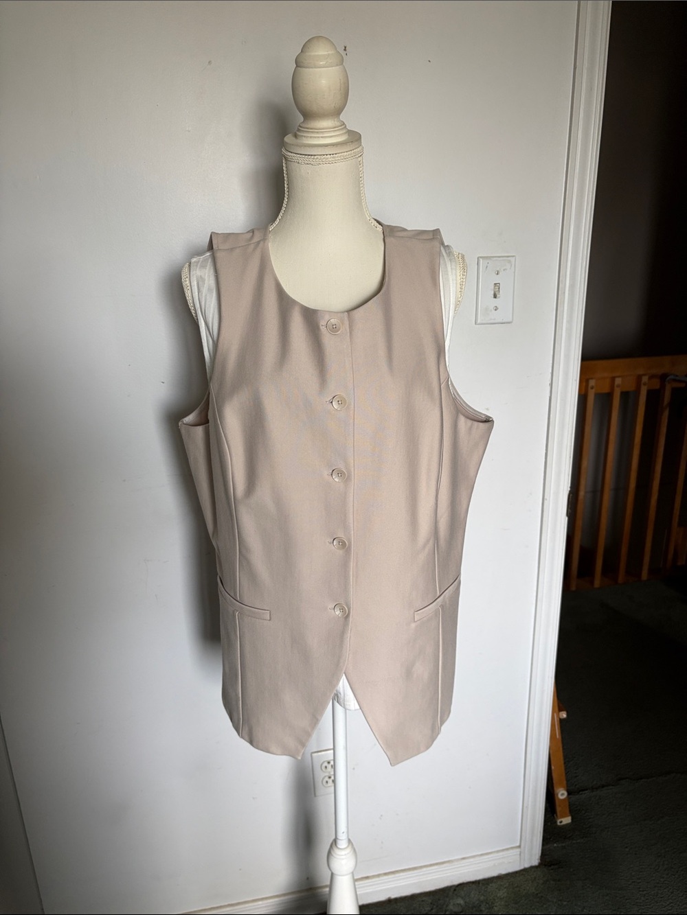 Women's Sleeveless Button Front Vest Jacket - Beige